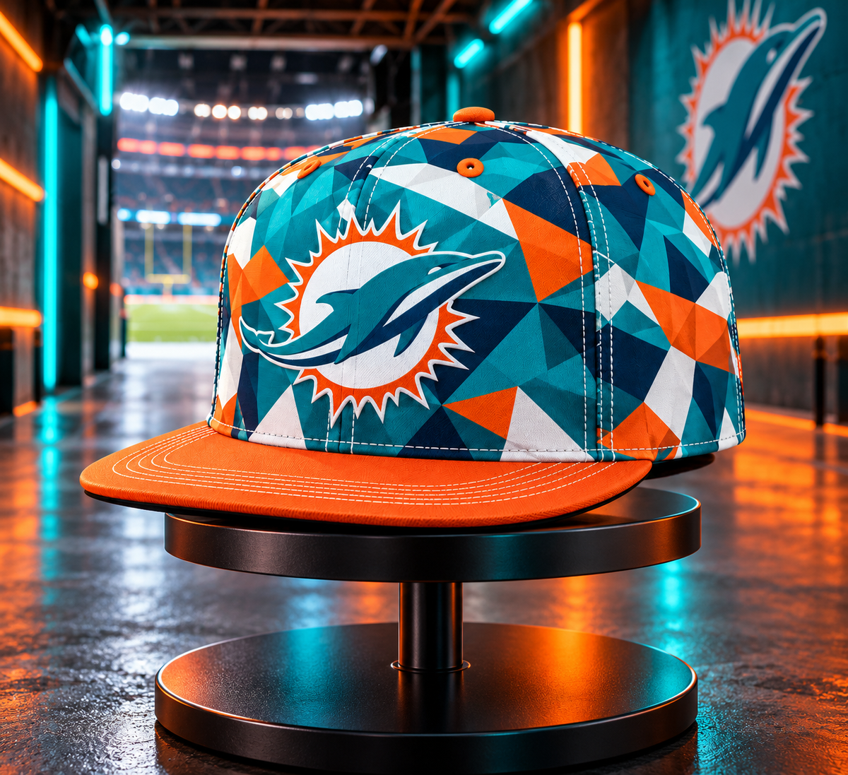 Miami Dolphins Cyber Geometric Camo Snapback Cap - Stadium Tunnel Neon View