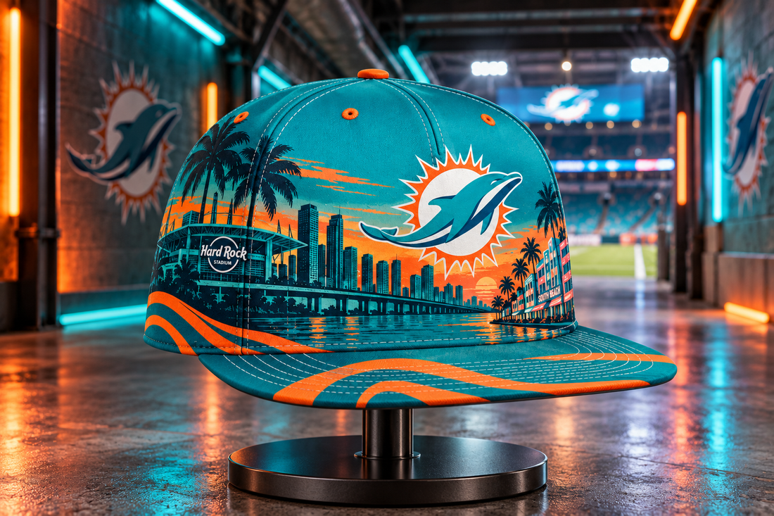 Miami Dolphins City Skyline Snapback Cap - Studio View