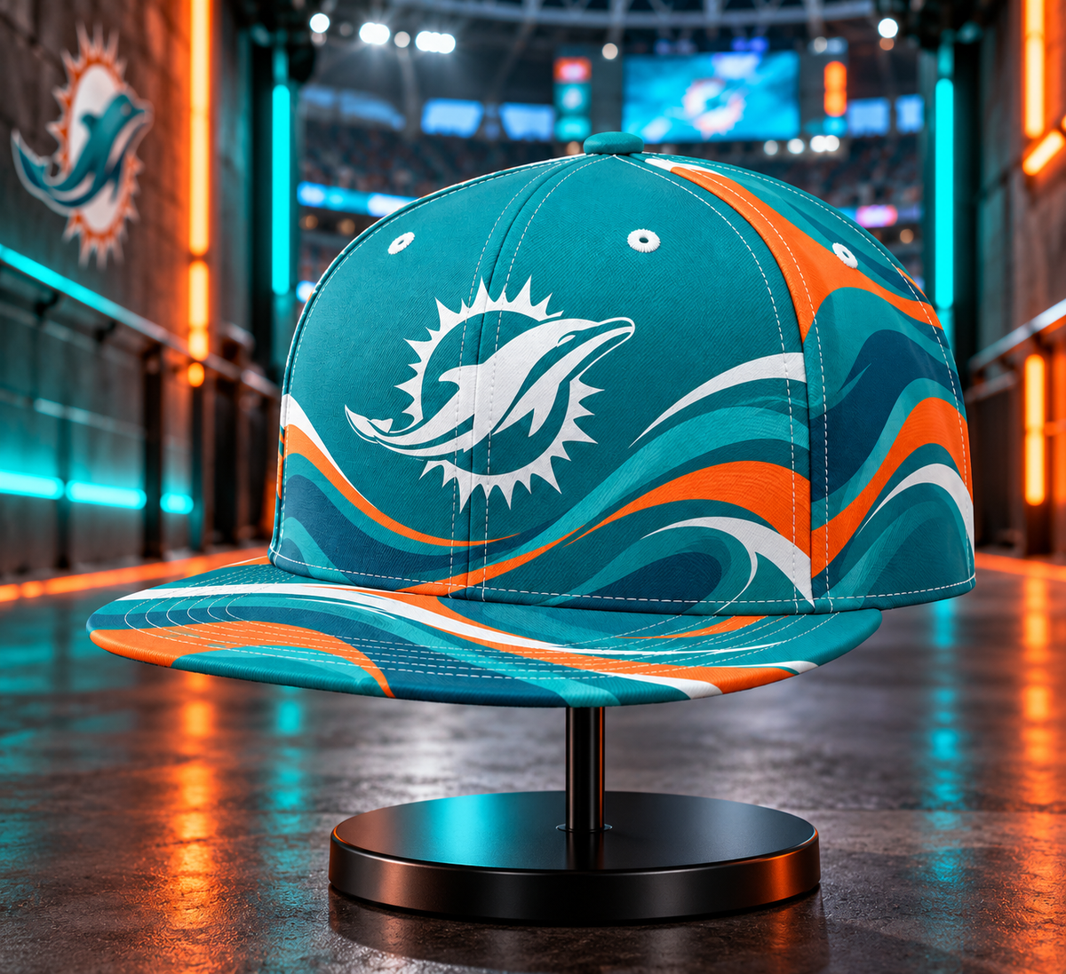 Miami Dolphins Minimalist Motion Wave Snapback Cap - Stadium Tunnel Neon View