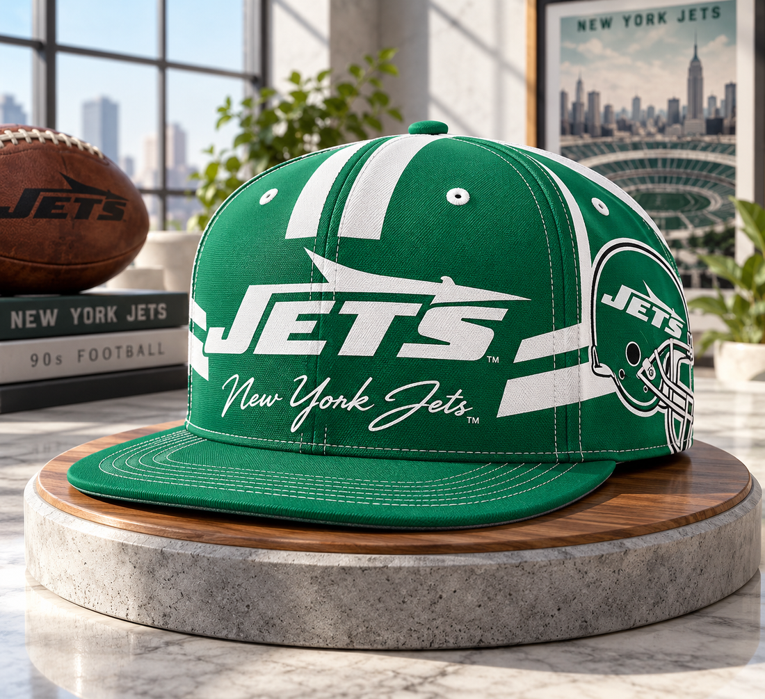 New York Jets Retro 90s Throwback Snapback Cap - Studio View