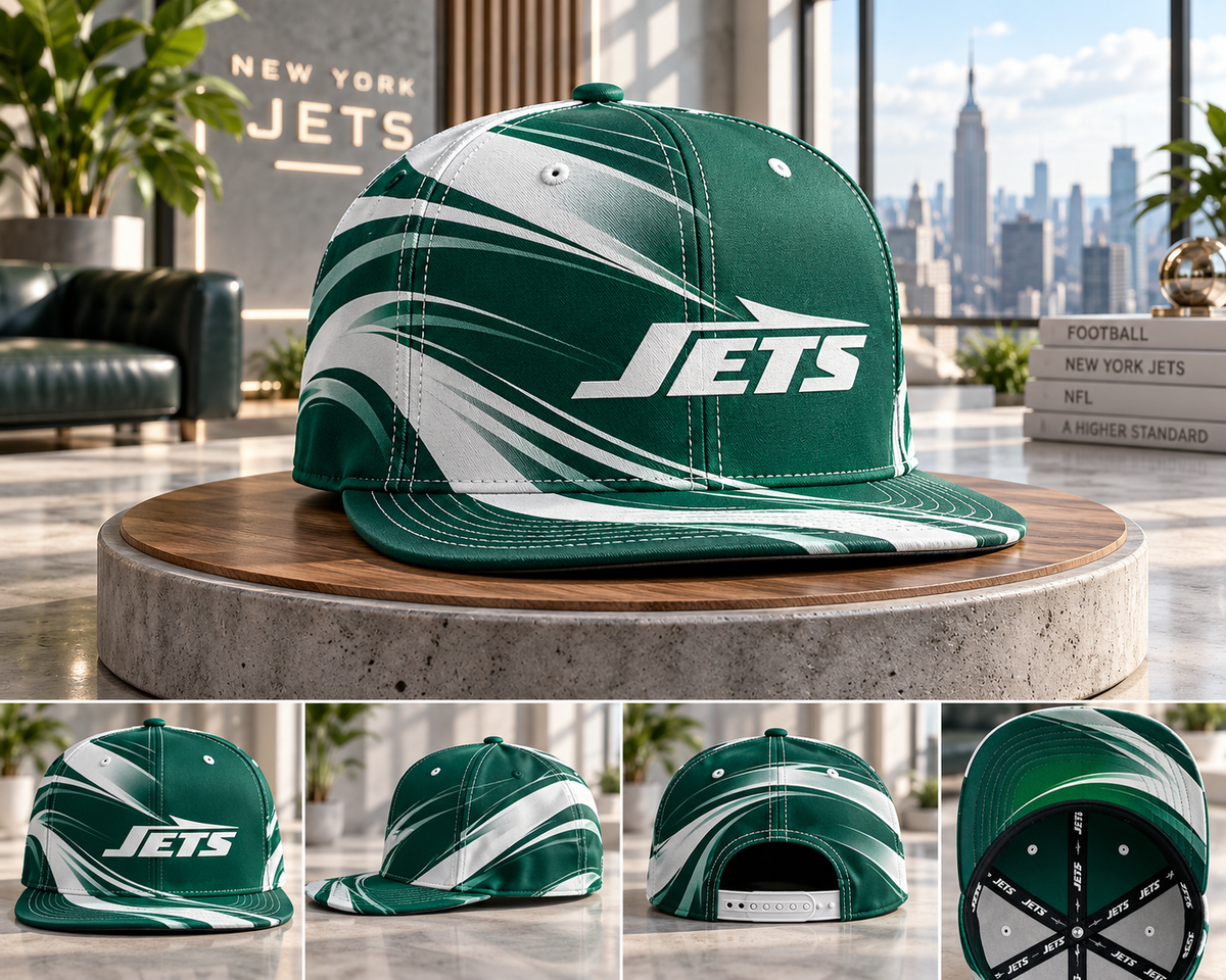 New York Jets Minimalist Motion Wave Snapback Cap - Studio View