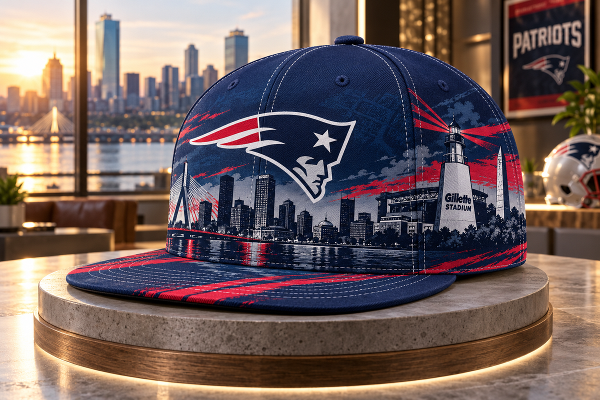 New England Patriots Boston Skyline Snapback Cap - Studio View