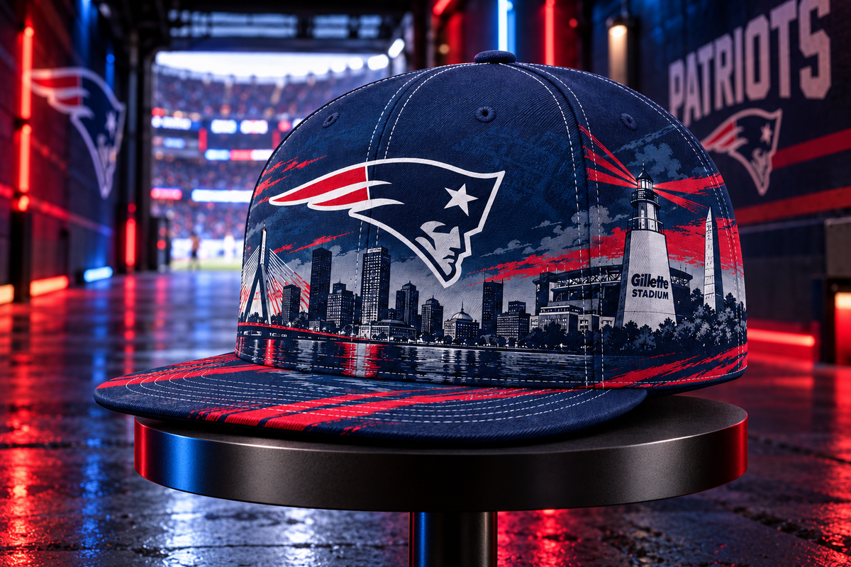 New England Patriots Boston Skyline Snapback Cap - Stadium Tunnel Neon View
