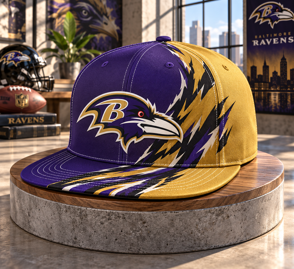 Baltimore Ravens Dynamic Split Colorblock Snapback Cap - Studio View