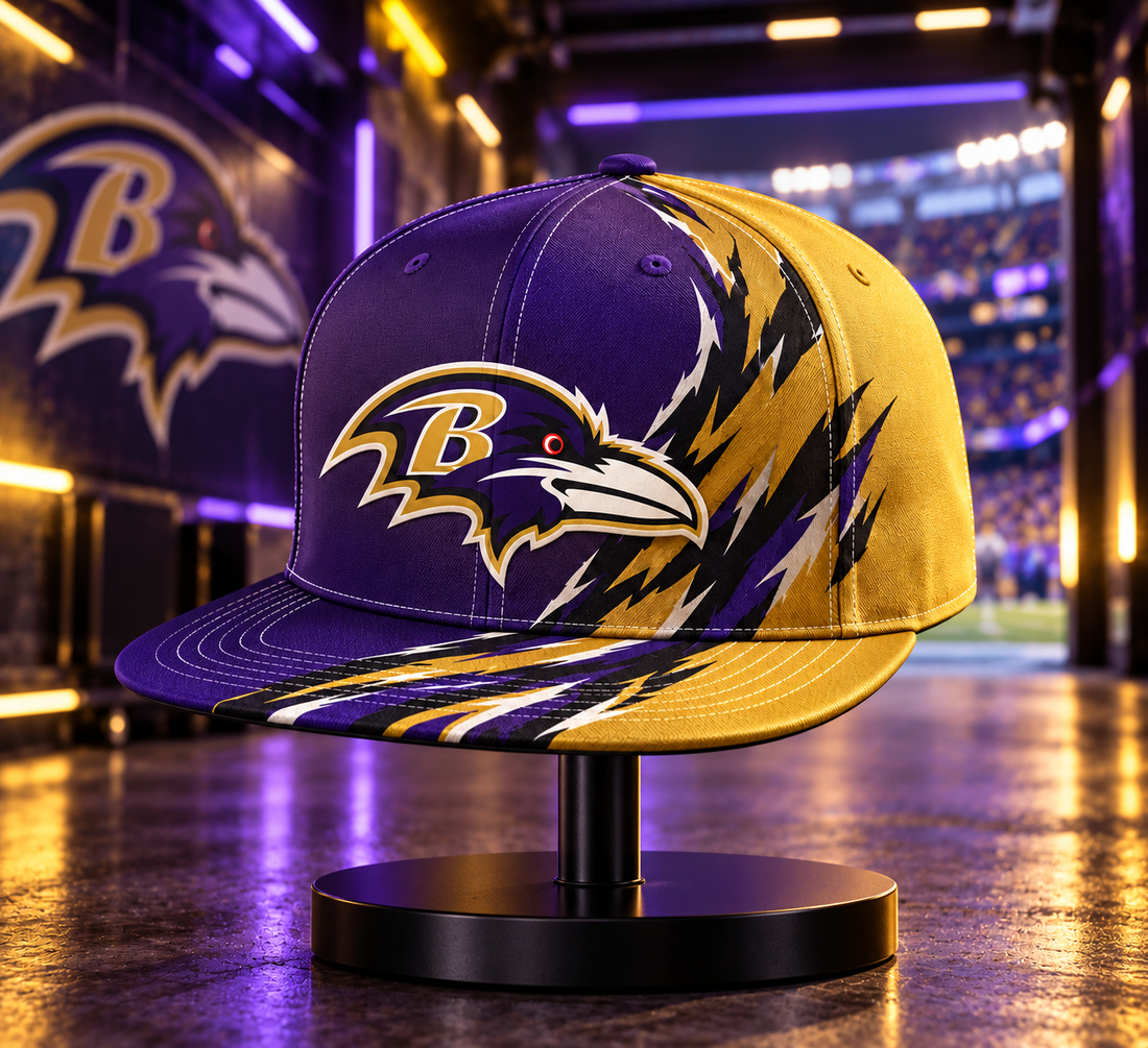 Baltimore Ravens Dynamic Split Colorblock Snapback Cap - Studio View