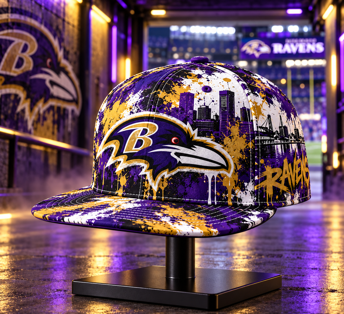 Baltimore Ravens Street Graffiti Splash Snapback Cap - Stadium Tunnel Neon View