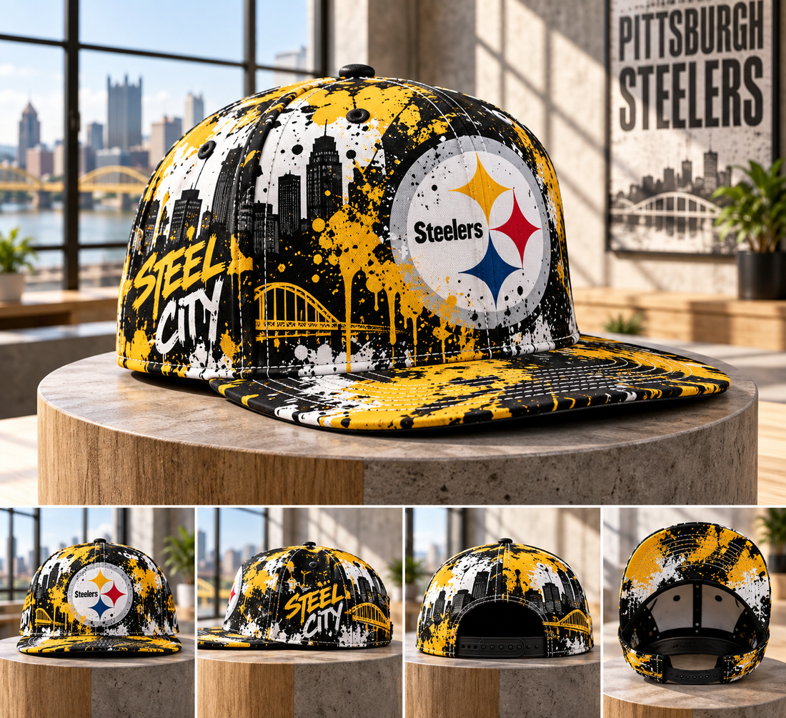 Pittsburgh Steelers Street Graffiti Splash Snapback Cap - Studio View