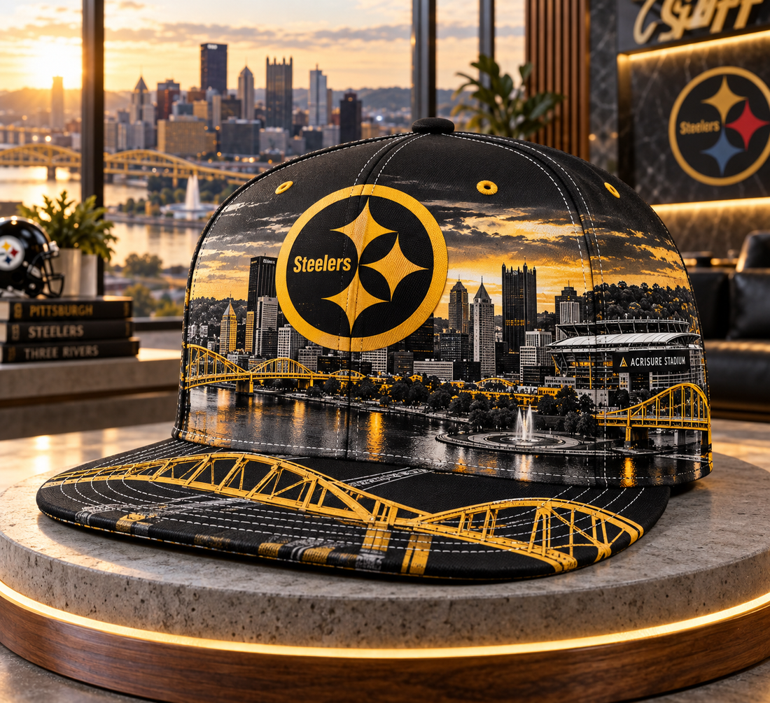 Pittsburgh Steelers City Skyline Snapback Cap - Studio View