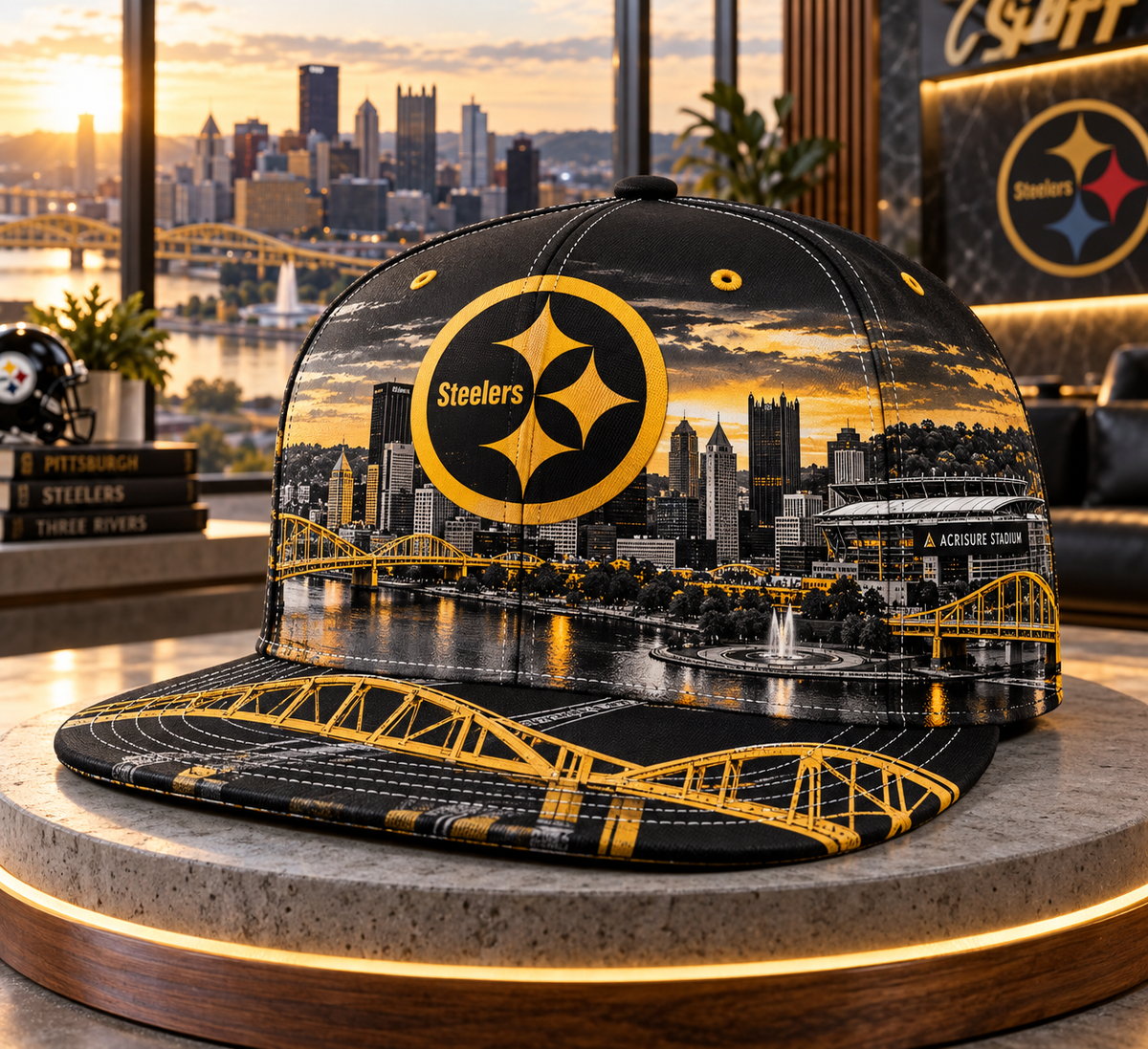 Pittsburgh Steelers City Skyline Snapback Cap - Studio View