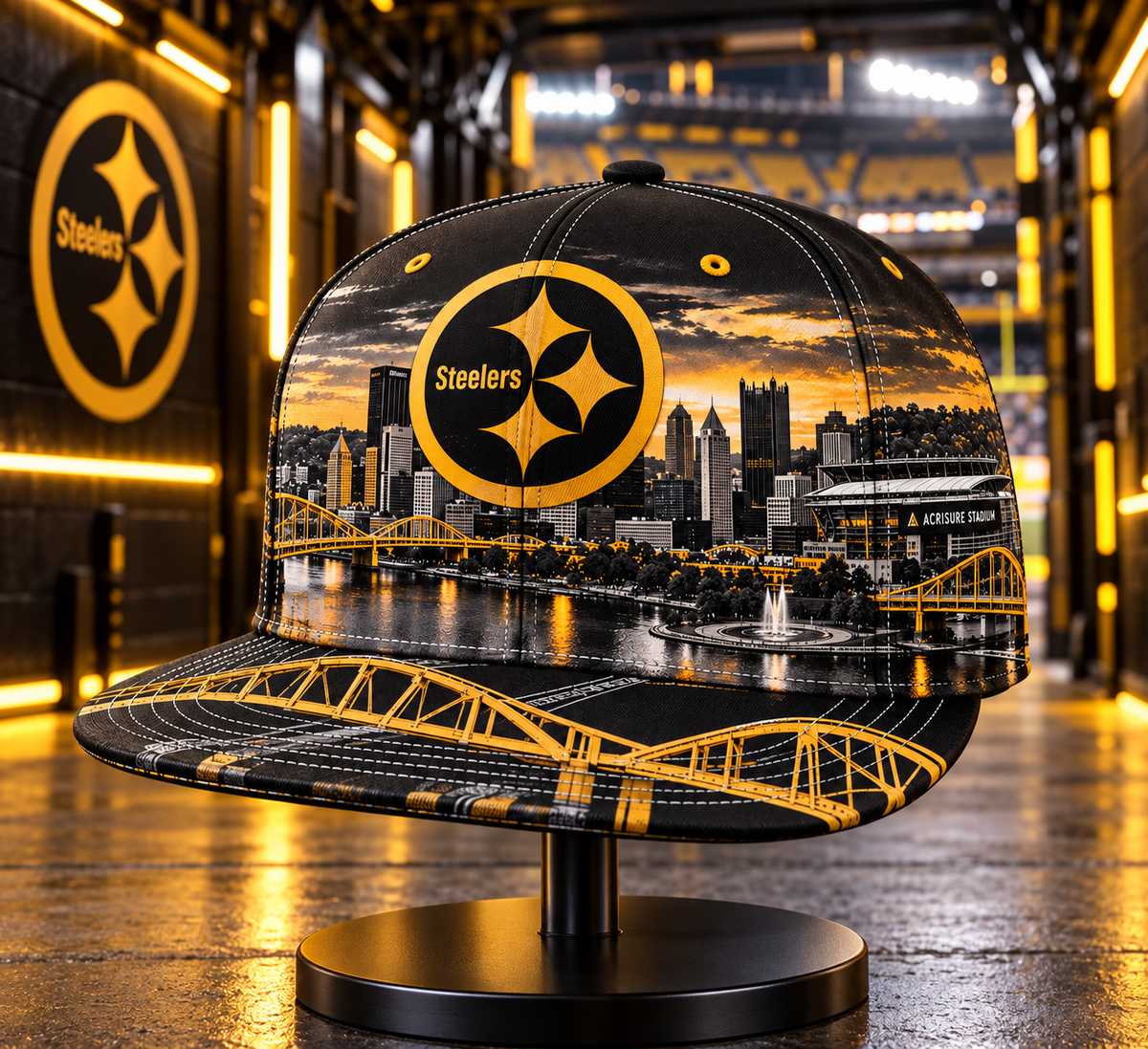 Pittsburgh Steelers City Skyline Snapback Cap - Stadium Tunnel Neon View