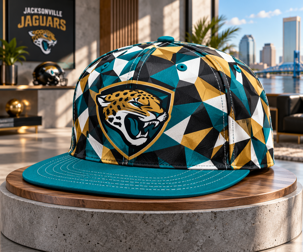 Jacksonville Jaguars Cyber Geometric Camo Snapback Cap - Studio View