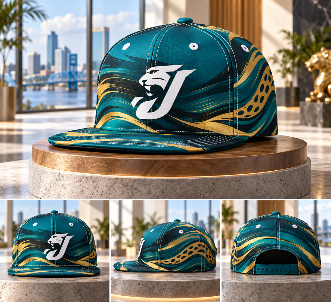Jacksonville Jaguars Minimalist Motion Wave Snapback Cap - Studio View