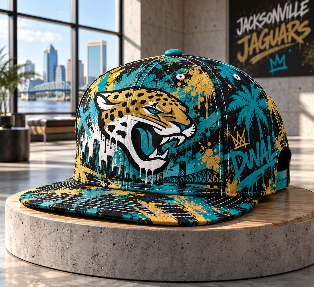 Jacksonville Jaguars Street Graffiti Splash Snapback Cap - Studio View