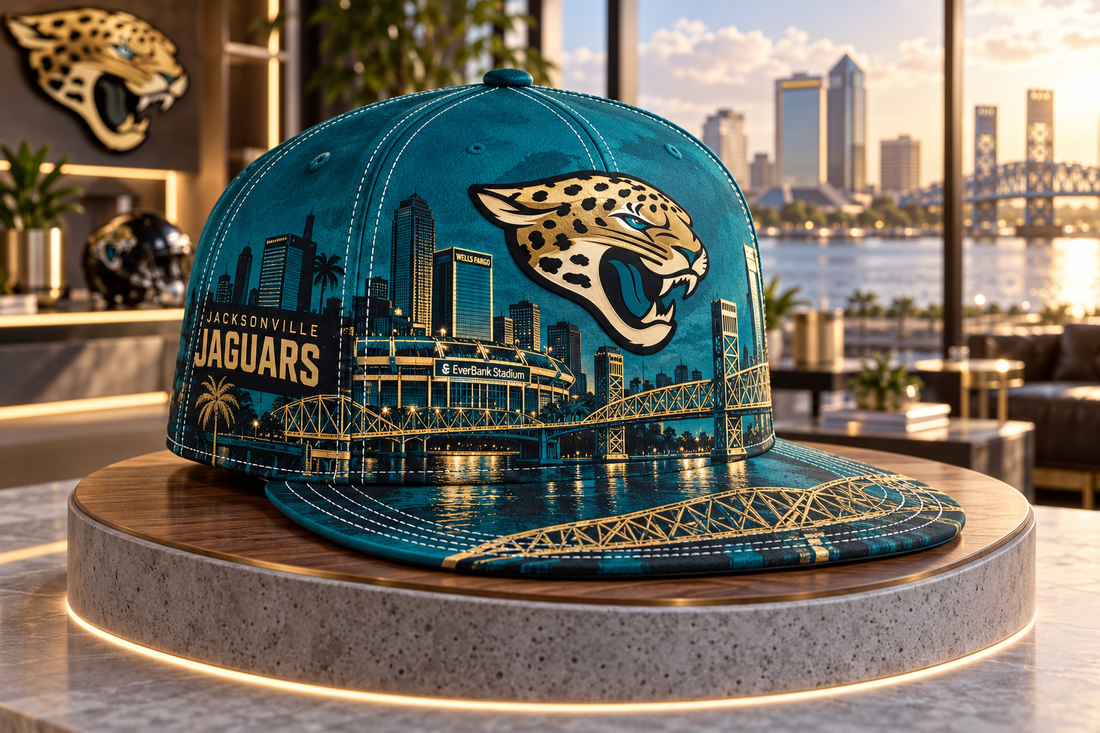 Jacksonville Jaguars City Skyline Snapback Cap - Studio View