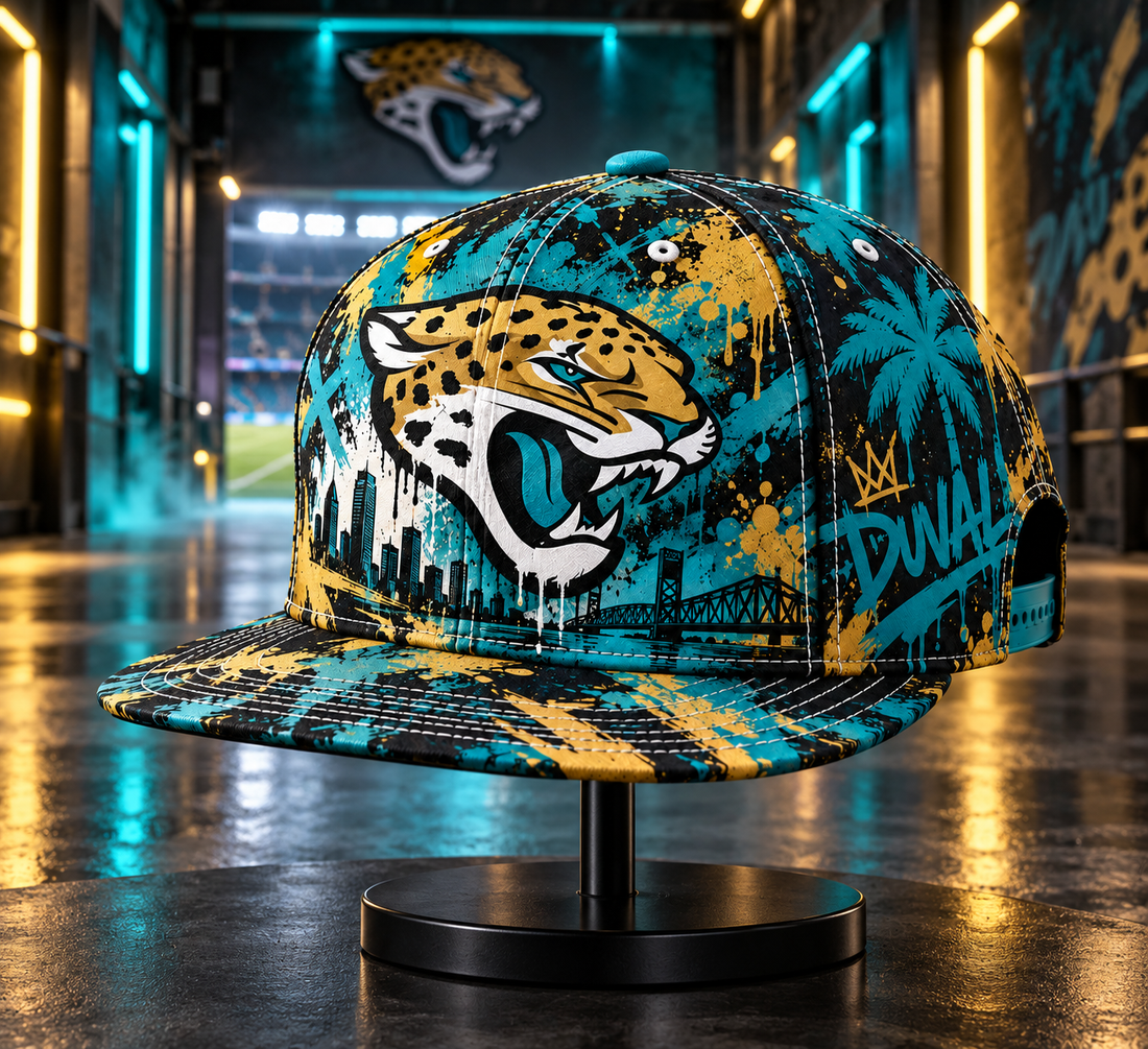 Jacksonville Jaguars Street Graffiti Splash Snapback Cap - Studio View