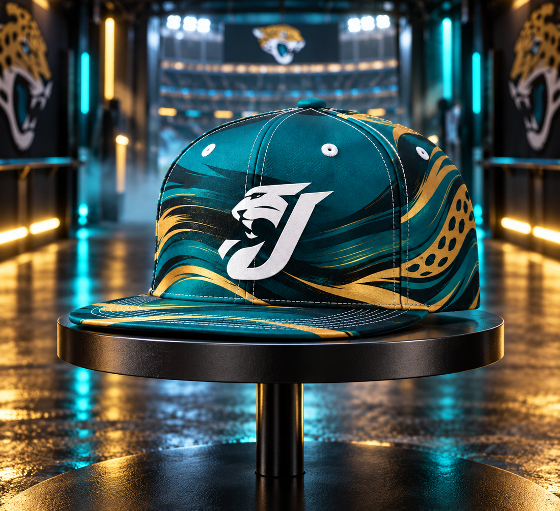Jacksonville Jaguars Minimalist Motion Wave Snapback Cap - Studio View