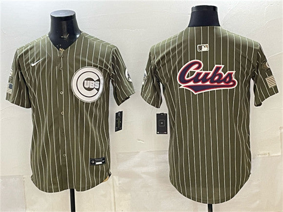 Team Big Logo Pinstripe Chicago Cubs olive Salute To Service jersey
