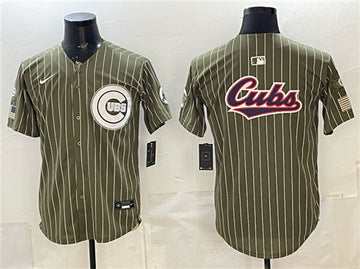 Team Big Logo Pinstripe Chicago Cubs olive Salute To Service jersey