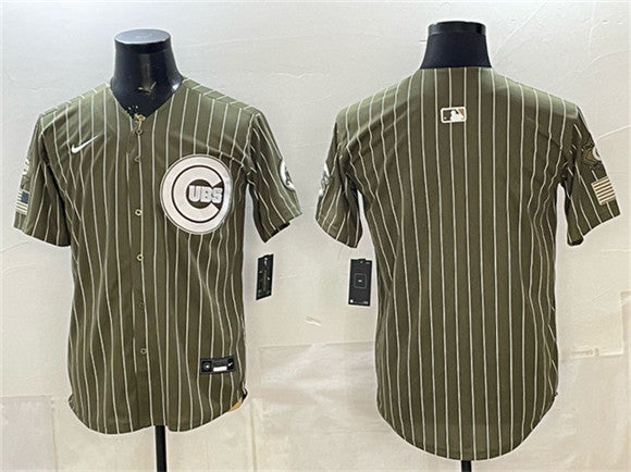 Blank Pinstripe Chicago Cubs olive Salute To Service jersey