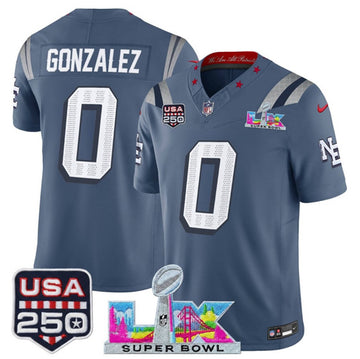 Christian Gonzalez Storm New England Patriots blue Vapor jersey