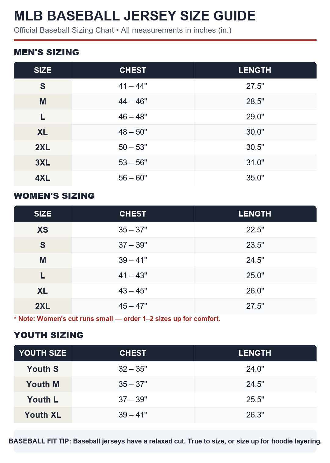 MLB Baseball Jersey Size Chart