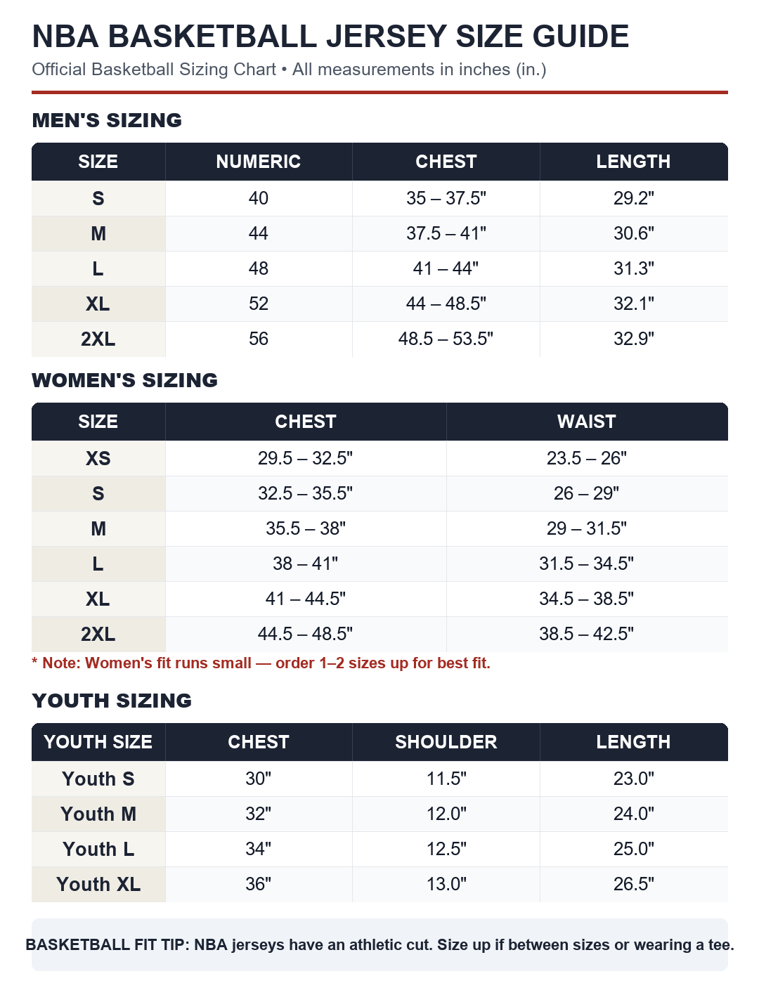 NBA Basketball Jersey Size Chart