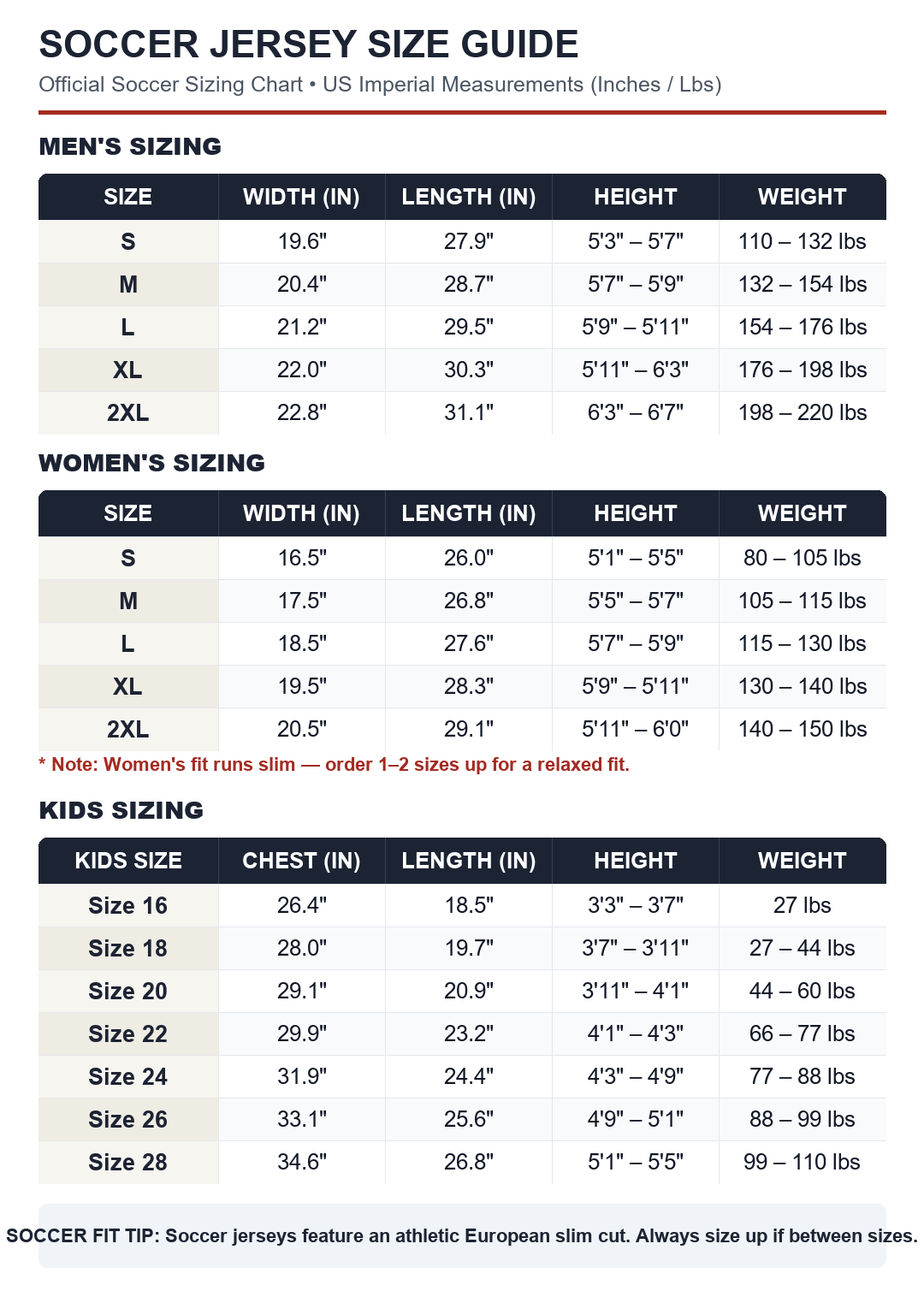Soccer Jersey Size Chart