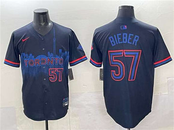 Shane Bieber Toronto Blue Jays navy City Connect jersey