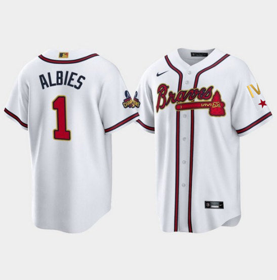 Ozzie Albies Atlanta Braves white-gold jersey